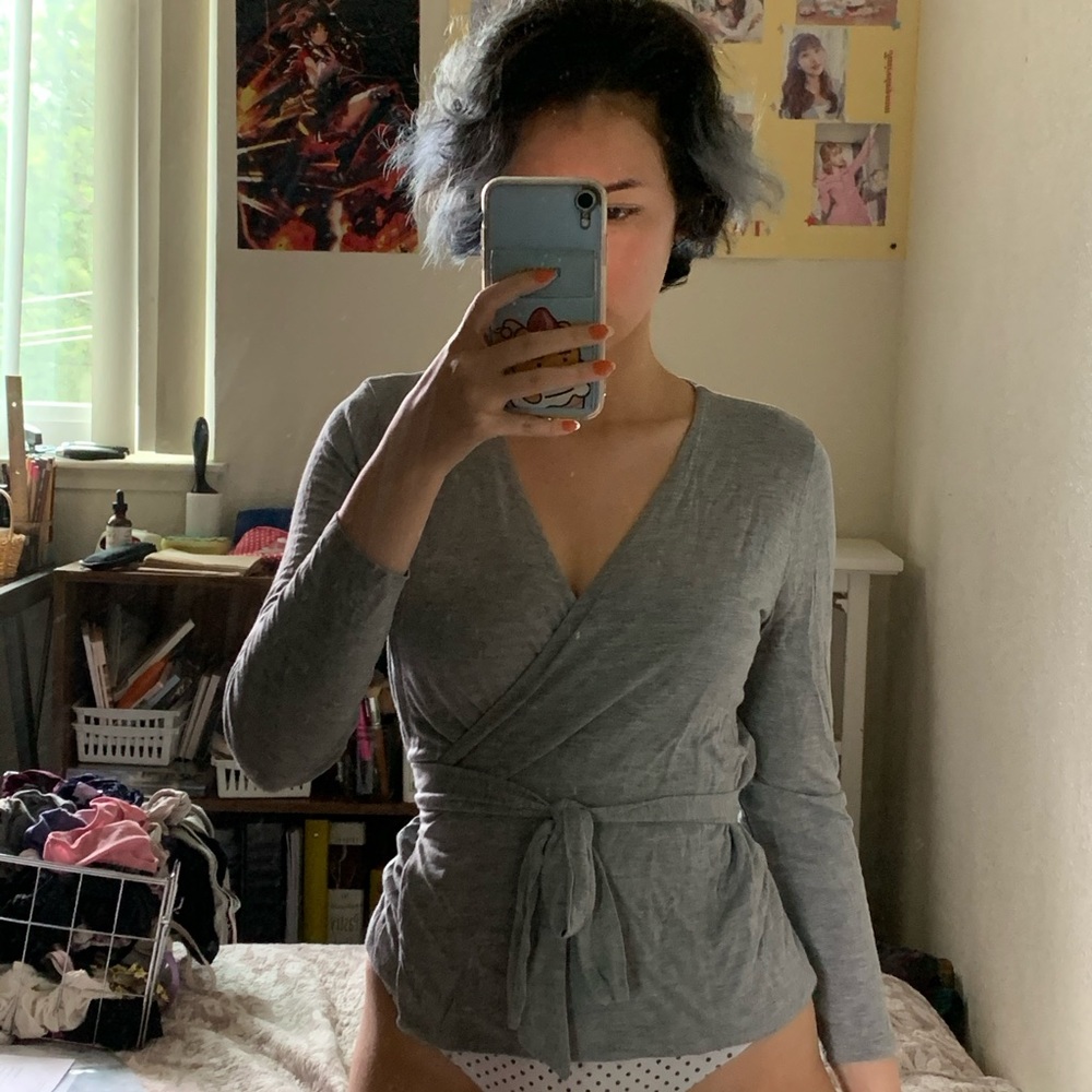 J crew light gray 3/4 sleeve wrap top.